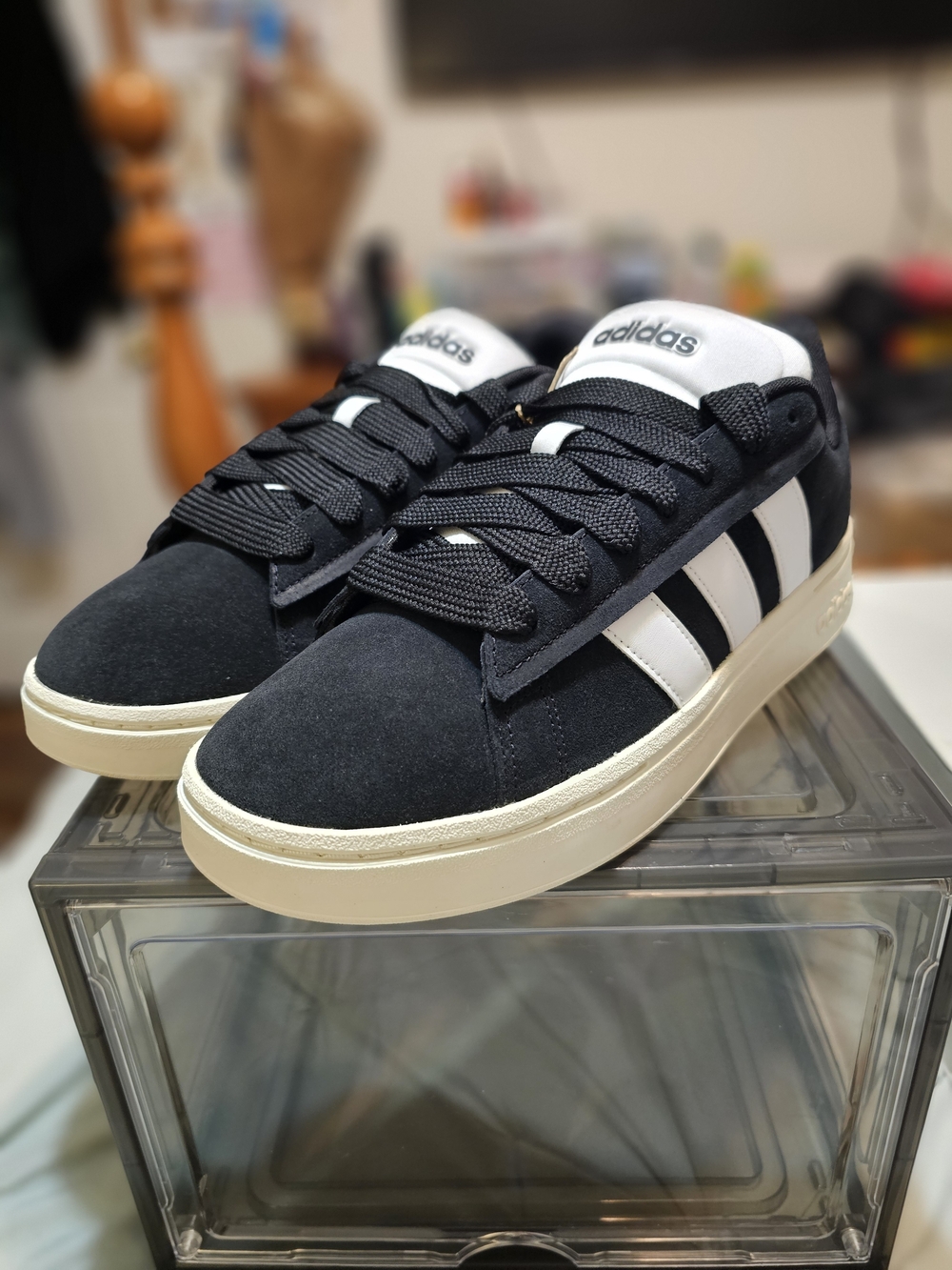 adidas Men's Navy Suede Sneaker with White Stripes